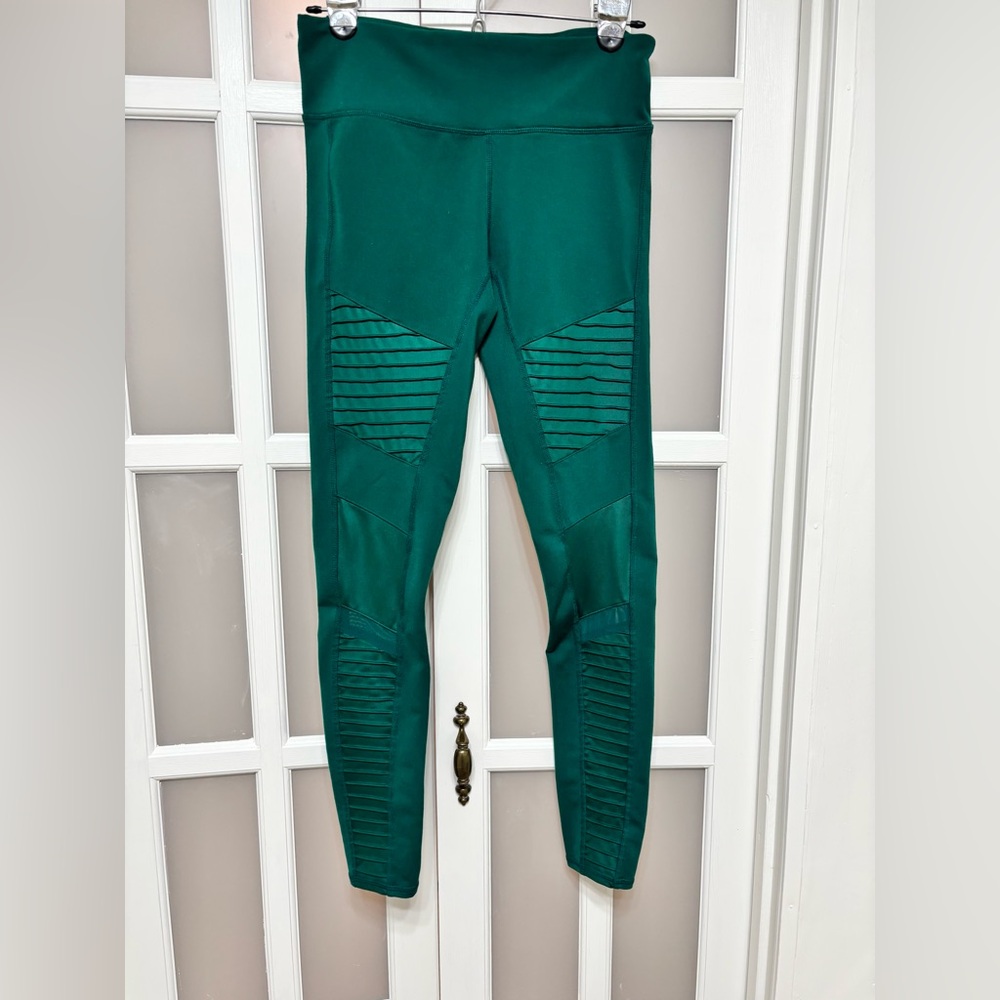 Alo Yoga Moto Leggings Green High Waist Ribbed Panel Athletic Size S
